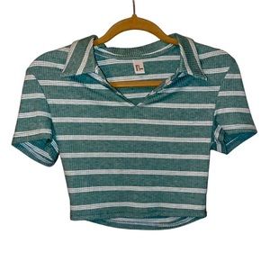 Green Striped Polo Crop Top